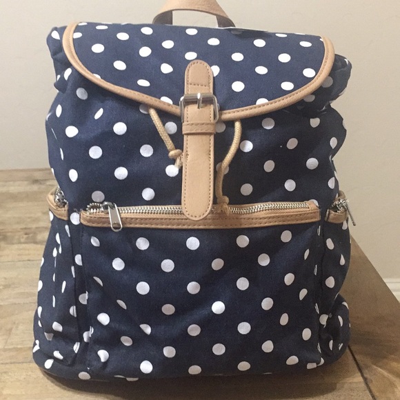 Mudd Handbags - Large Blue & White Canvas Polka Dot Backpack